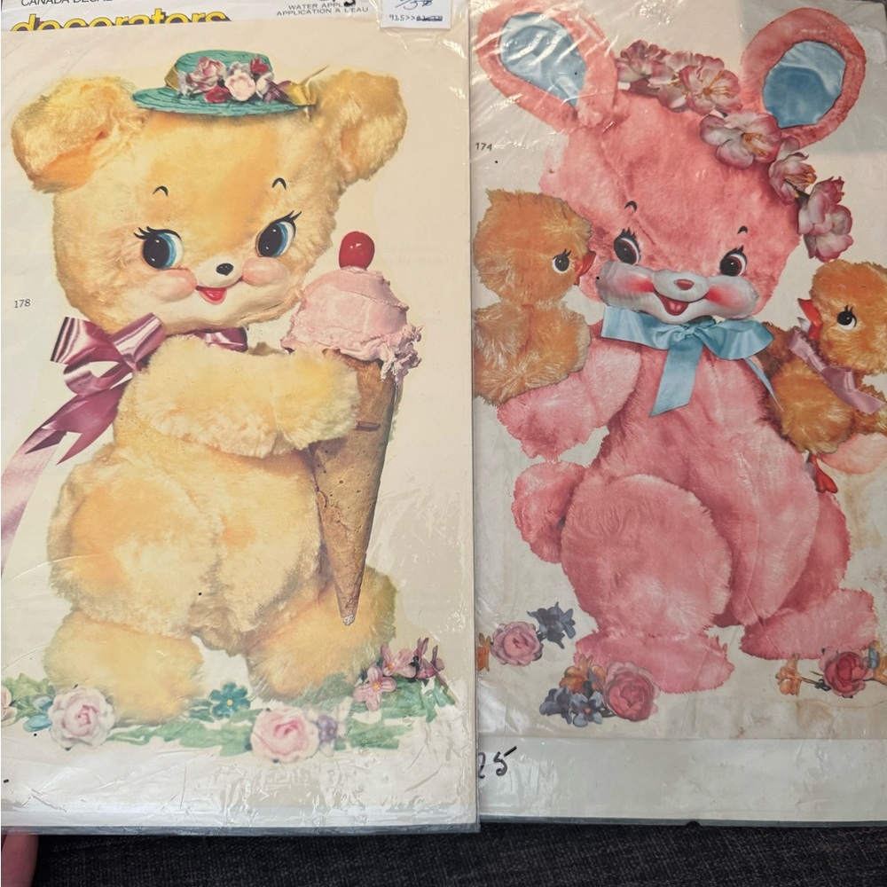 Vintage Pink Bunny with chicks and Bear with Ice cream decals